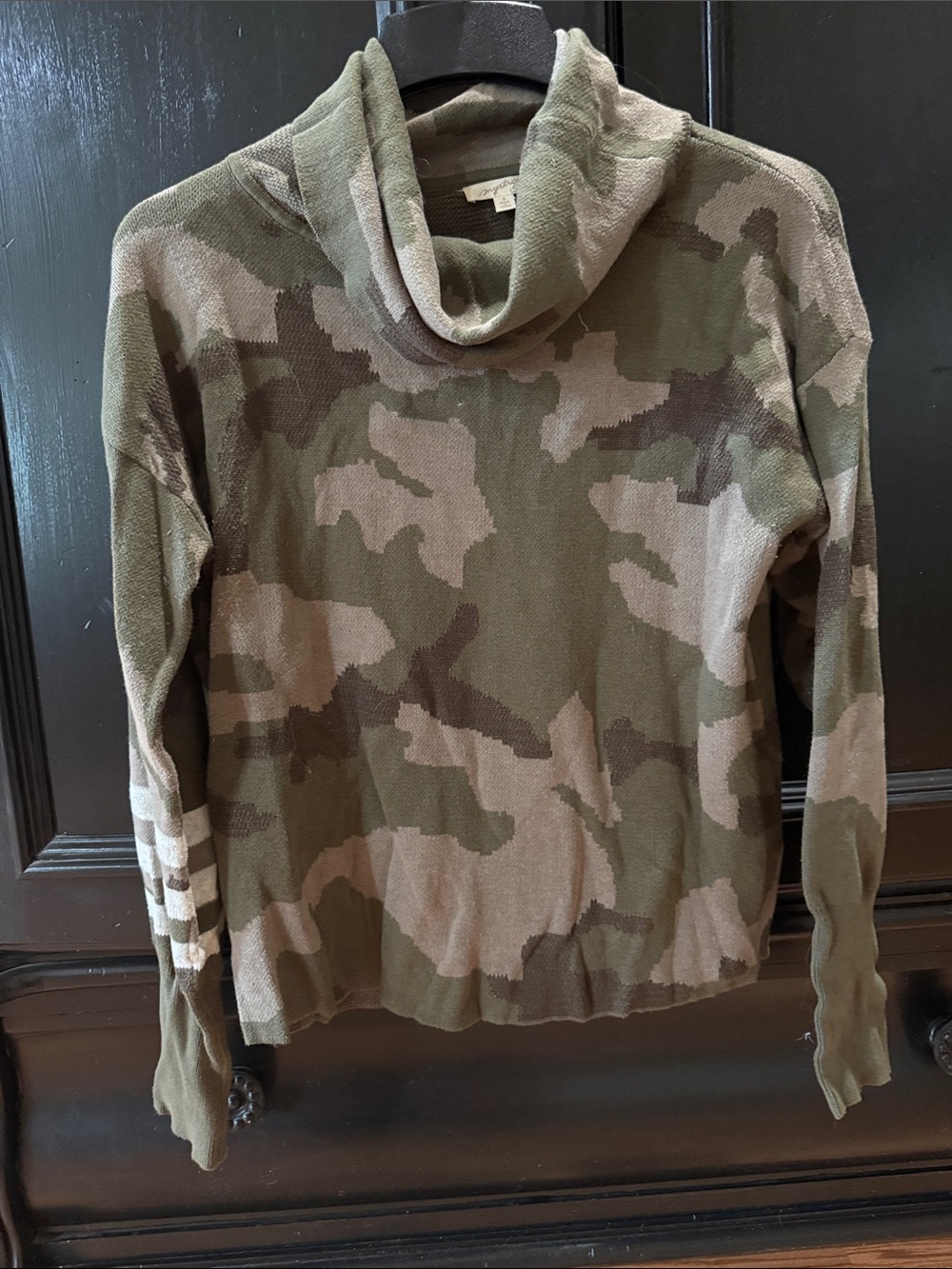 Mystree Olive and Khaki Camo Cowl Neck Sweater